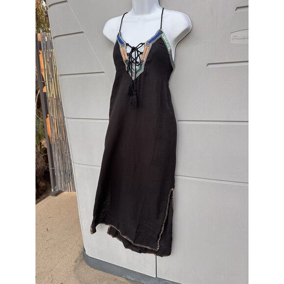 Boemo Sz S Levi’s Black Embroidered Open Back Gauze Cotton Maxi Dress Boho Beach - Picture 2 of 13